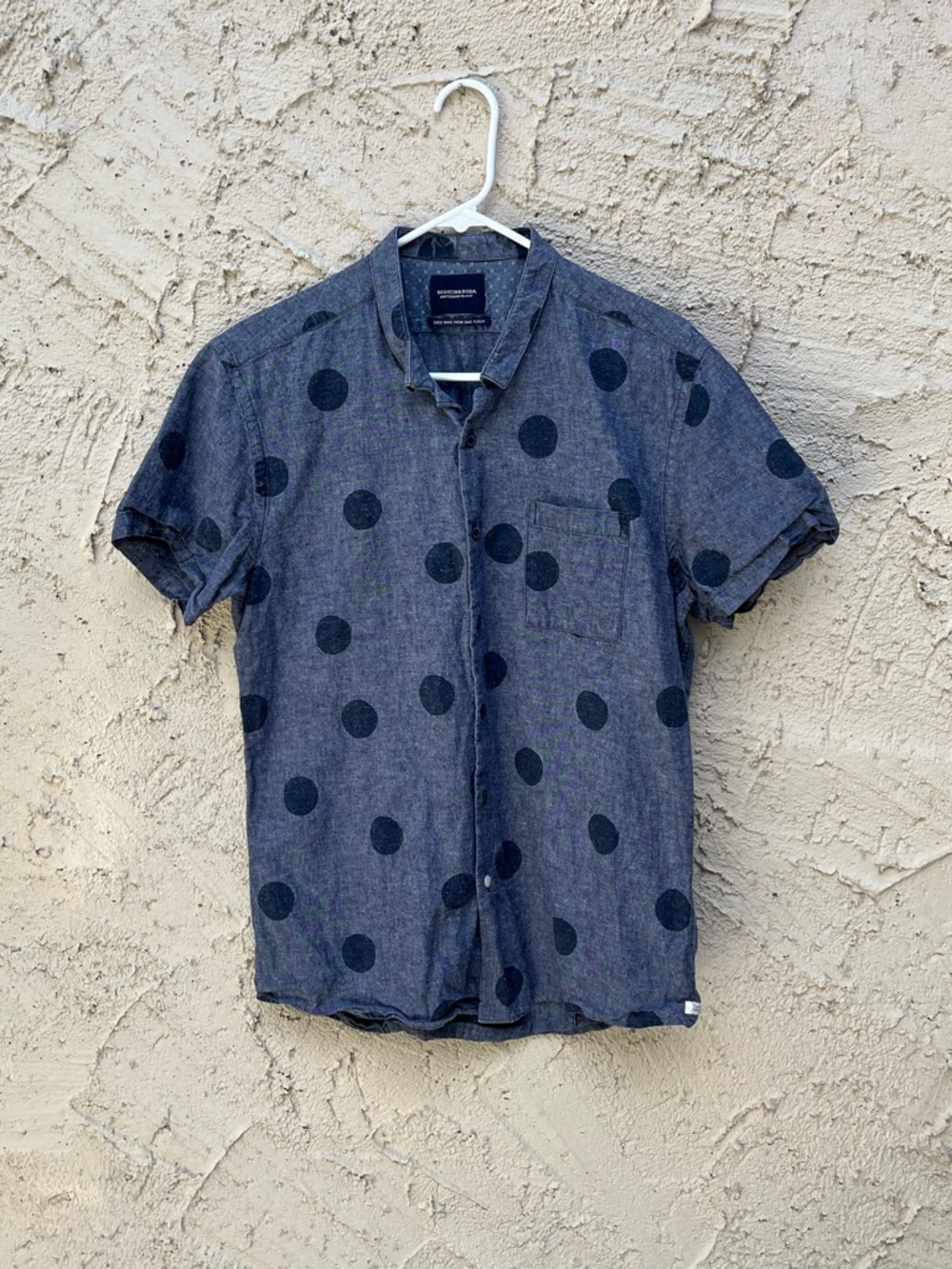 Scotch & Soda Blue Linen Cotton Button-Up with Navy Polka Dots L